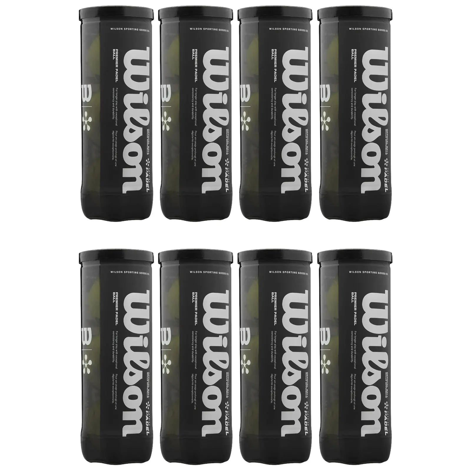 Nine black containers labeled "Wilson" display white text and green contents, arranged in a grid formation, each container likely holding sporting goods such as balls for recreational activities.