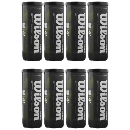 Nine black containers labeled "Wilson" display white text and green contents, arranged in a grid formation, each container likely holding sporting goods such as balls for recreational activities.