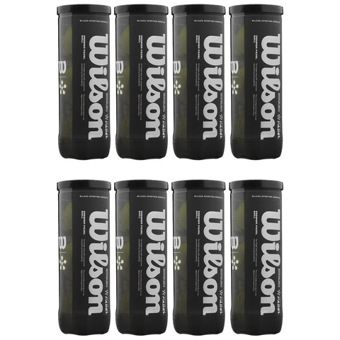 Nine black containers labeled "Wilson" display white text and green contents, arranged in a grid formation, each container likely holding sporting goods such as balls for recreational activities.