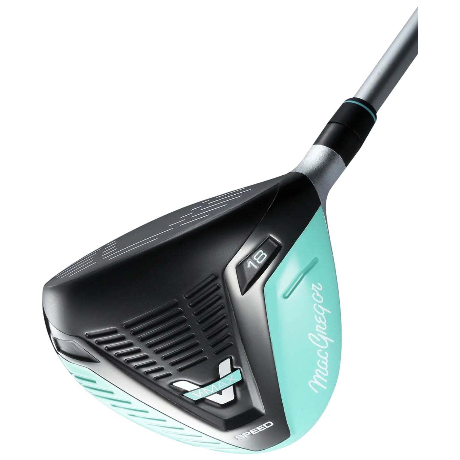 A golf club with a sleek black and teal design rests angled to display its side. The club features markings indicating speed and an 18-degree loft.