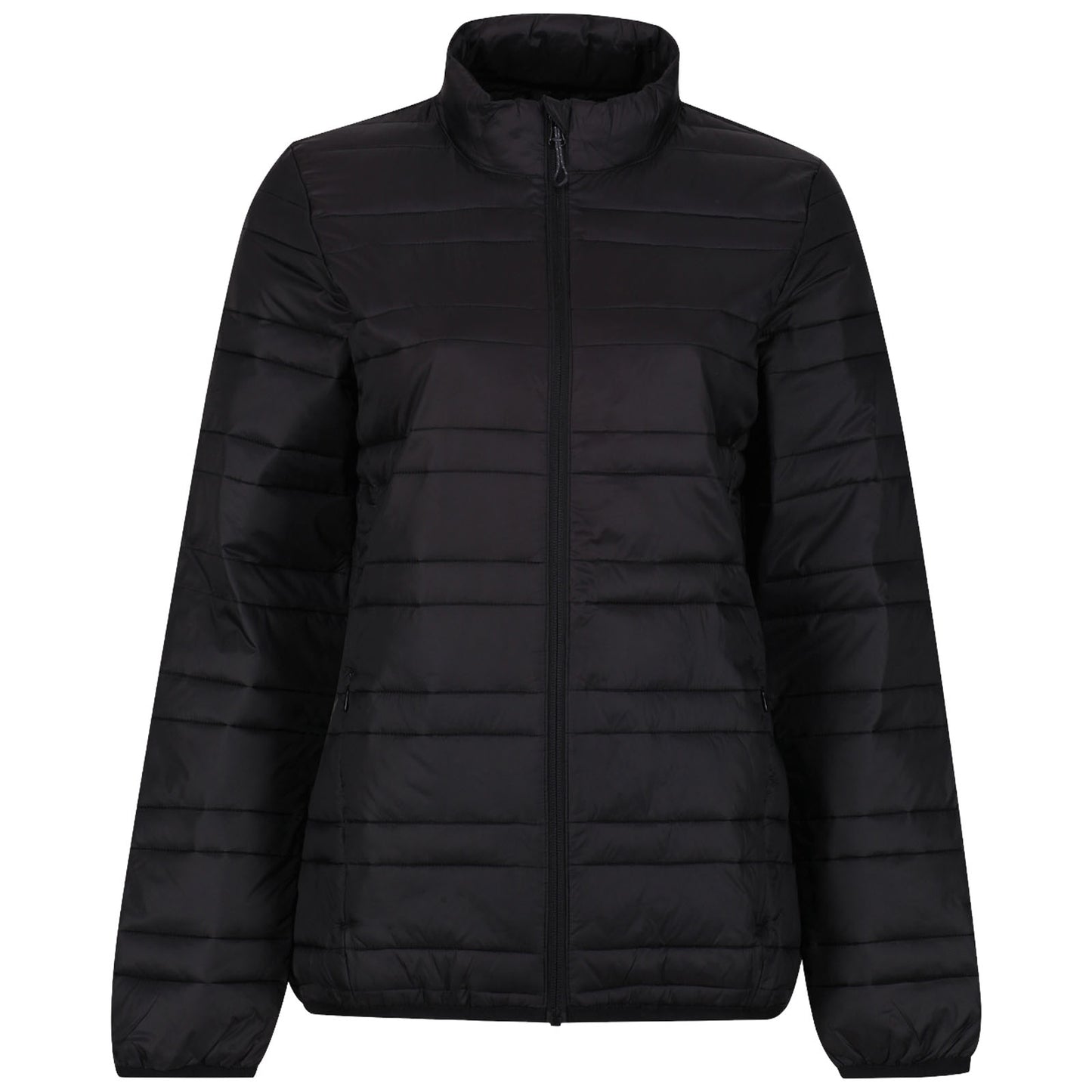 A black puffed jacket with a high collar is displayed. It features a front zipper and is designed with horizontal stitching across the fabric, suggesting warmth and insulation suitable for cooler weather.