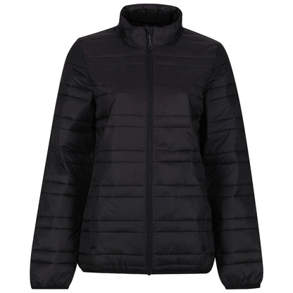 A black puffed jacket with a high collar is displayed. It features a front zipper and is designed with horizontal stitching across the fabric, suggesting warmth and insulation suitable for cooler weather.