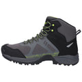 A gray and black hiking boot features a textured upper with bright green accents and laces providing support for outdoor activities in rugged terrains.