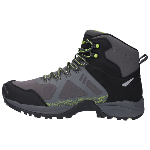 A gray and black hiking boot features a textured upper with bright green accents and laces providing support for outdoor activities in rugged terrains.