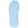 A sole of a shoe features a textured blue rubber surface with triangular patterns for traction designed for outdoor activities displayed against a plain white background.