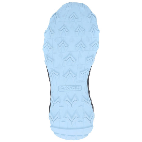 A sole of a shoe features a textured blue rubber surface with triangular patterns for traction designed for outdoor activities displayed against a plain white background.