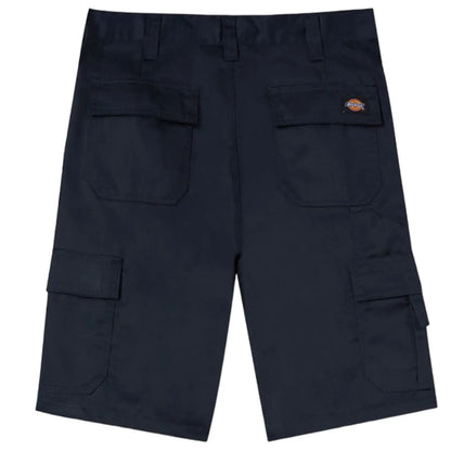 Dark cargo shorts displayed flat with multiple pockets on the sides and back designed for utility in casual or work settings showcasing a sturdy fabric and functional style.