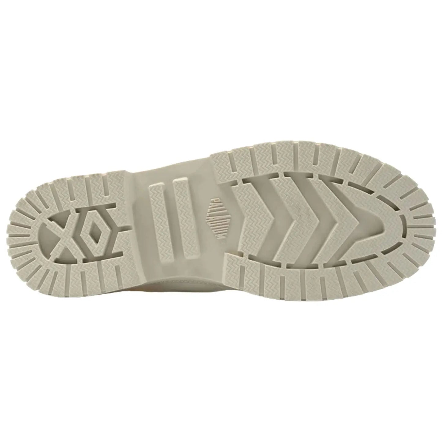 A light-colored shoe outsole is displayed showing distinct tread patterns and grooves indicating functionality for traction in various environments. The design suggests suitability for casual or sporty use.