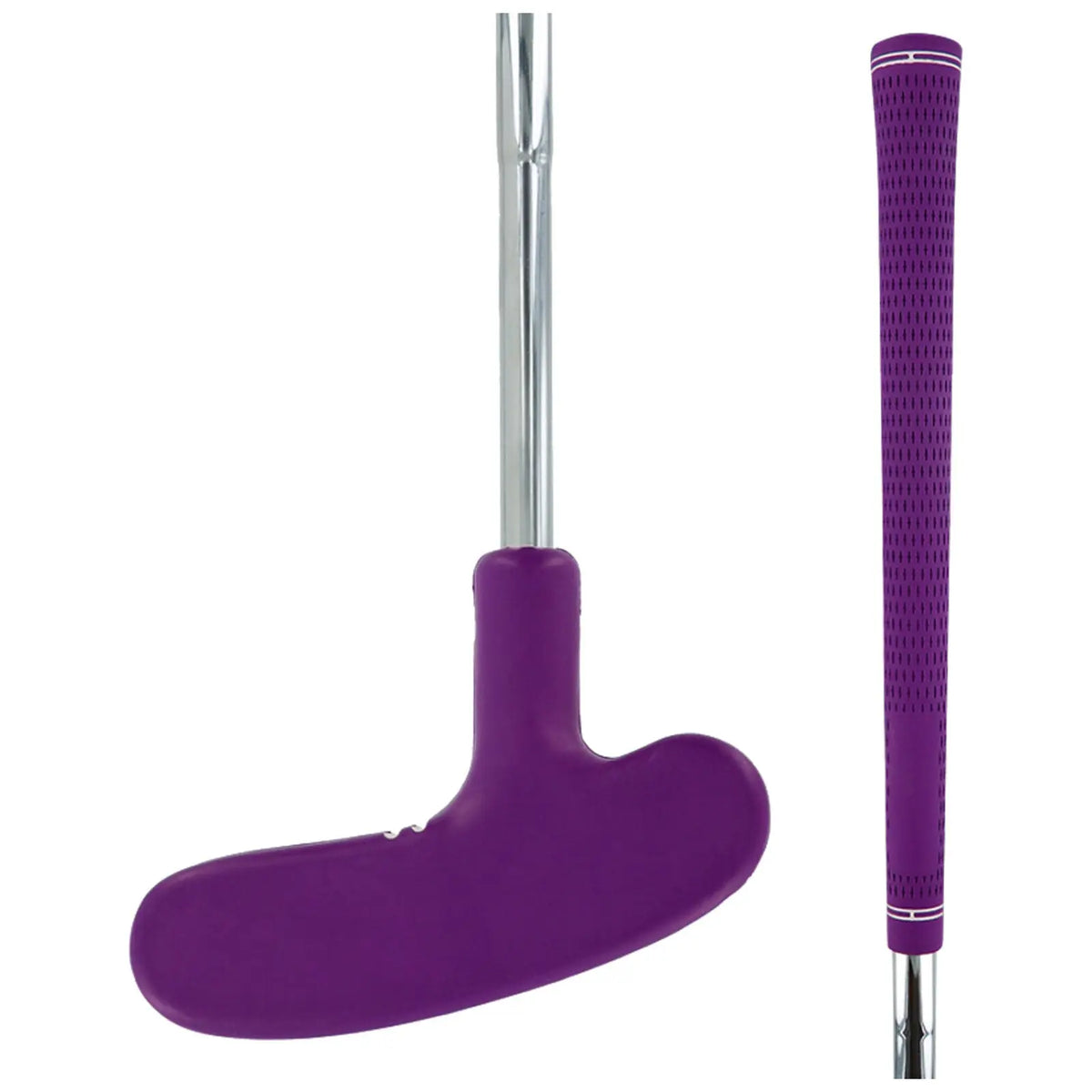 A purple golf putter is displayed vertically with a flat head at the bottom and a textured grip at the top showing shiny metal and rubber textures in a neutral background.