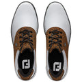 White and brown leopard print golf shoes are positioned with the laces tied and facing upward against a plain background showcasing a unique design blending solid and patterned materials.