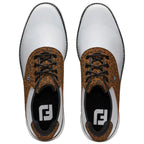 White and brown leopard print golf shoes are positioned with the laces tied and facing upward against a plain background showcasing a unique design blending solid and patterned materials.