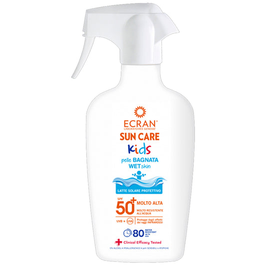 Ecran Kids Wet Skin Pistol SPF50+ 300ml A white spray bottle of sunscreen labeled Ecran Sun Care for Kids is positioned upright the action suggests it is intended for application on wet skin the context conveys a focus on sun protection for children