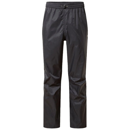 Black waterproof pants hang vertically showcasing a smooth shiny texture with an elastic waistband and drawstring adjustment ideal for outdoor activities or rainy conditions in a casual environment.