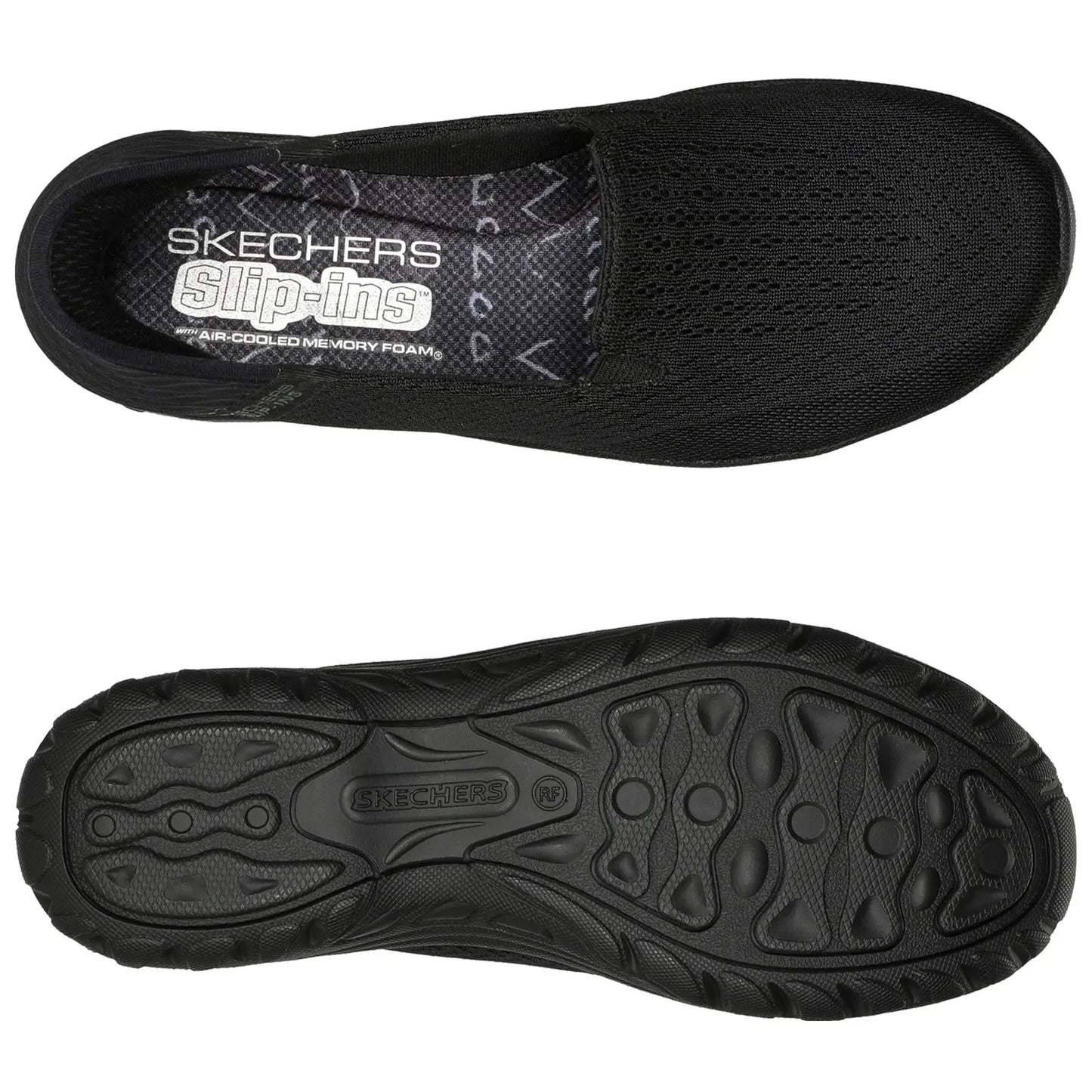 A black slip-on shoe is positioned flat with its upper and sole visible showing a textured fabric design and a rubberized tread detailing ideal for casual wear or light activities. The insole features the brand name Skechers and mentions air-cooled memory foam.
