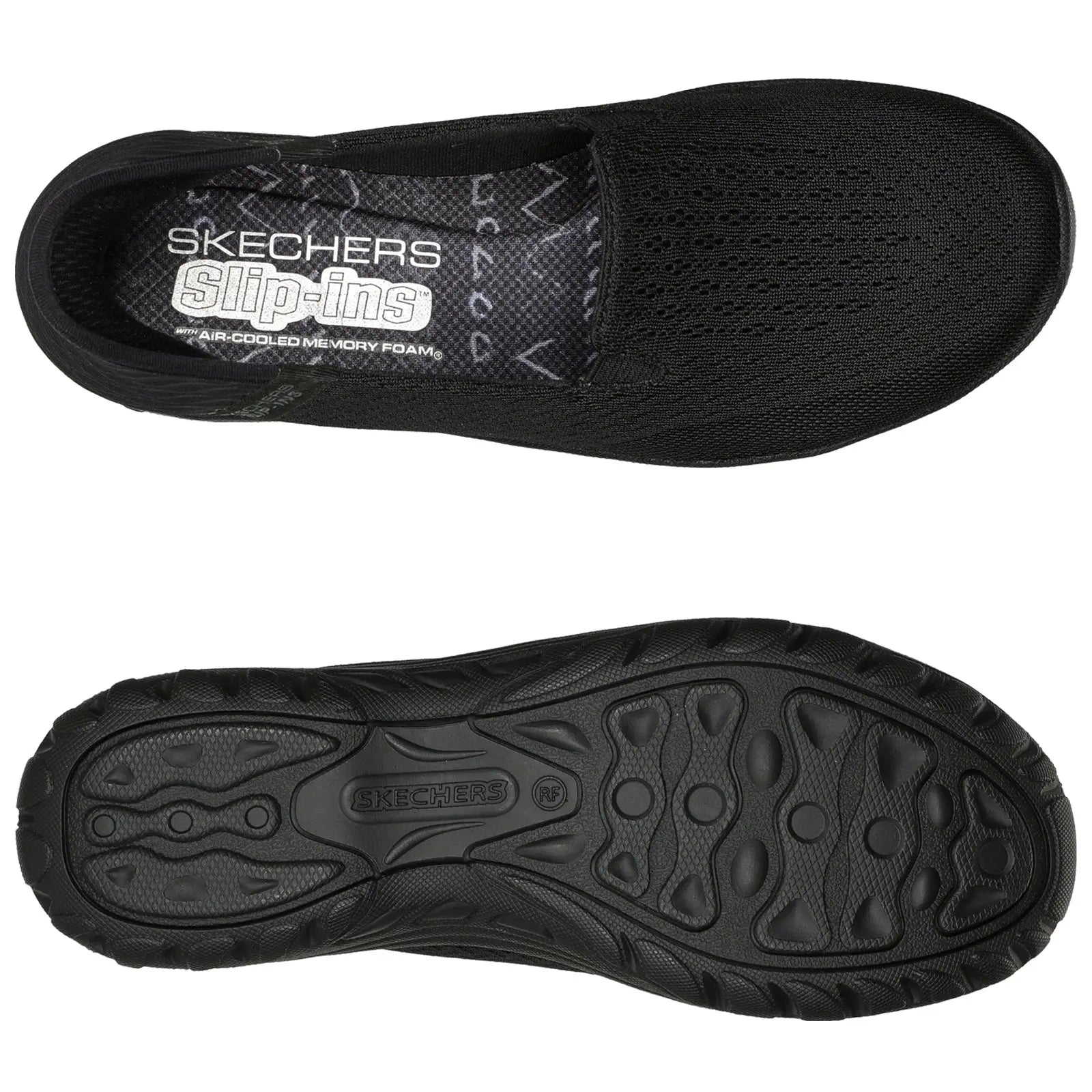 A black slip-on shoe is positioned flat with its upper and sole visible showing a textured fabric design and a rubberized tread detailing ideal for casual wear or light activities. The insole features the brand name Skechers and mentions air-cooled memory foam.