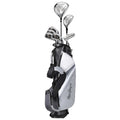 A golf bag stands upright displaying several clubs protruding from the top with a sporty design showcasing a black and silver color scheme in a neutral background.