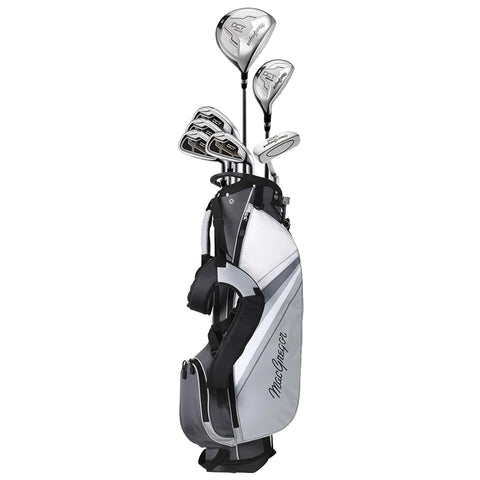 A golf bag stands upright displaying several clubs protruding from the top with a sporty design showcasing a black and silver color scheme in a neutral background.