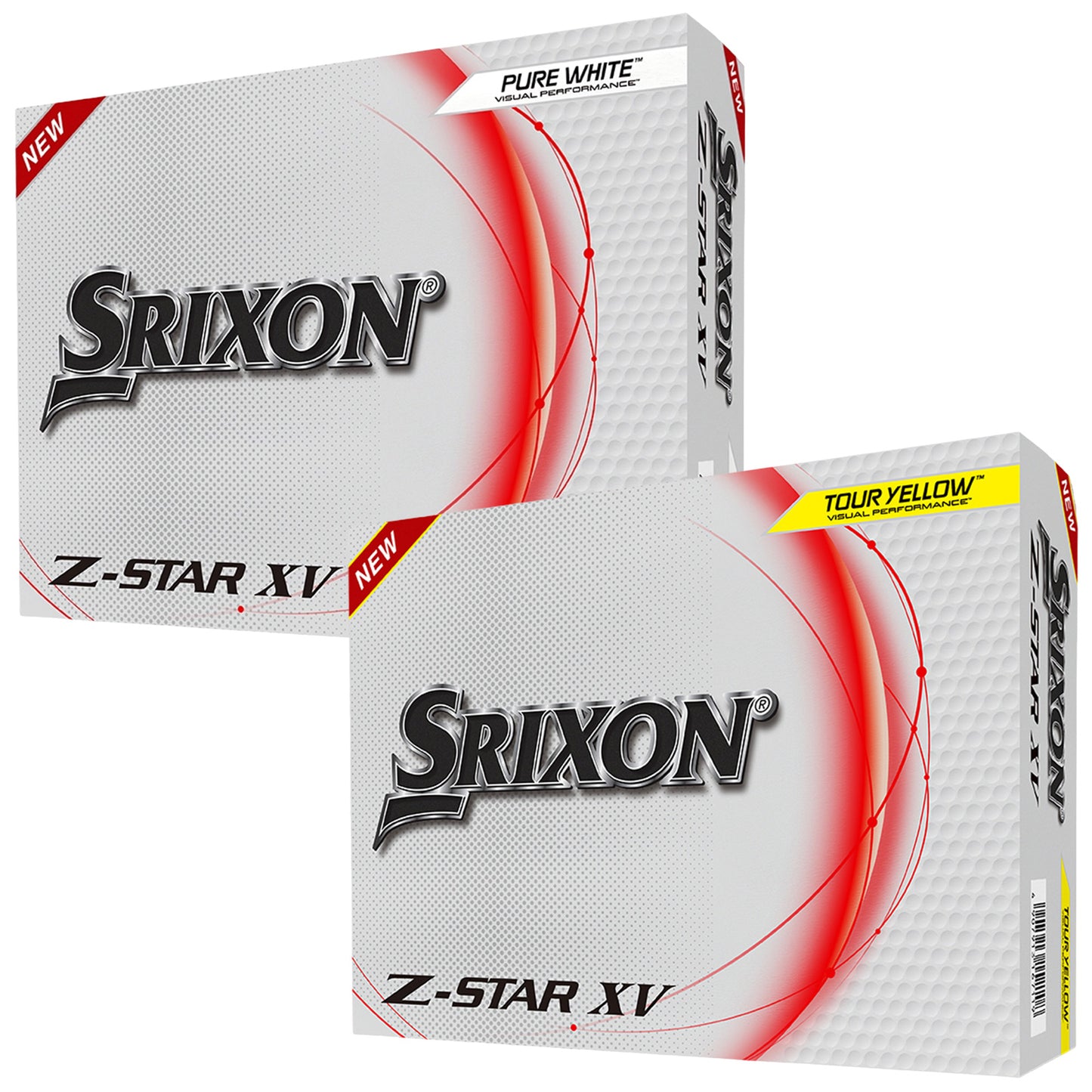 Two boxes of Srixon Z-STAR XV golf balls are displayed one above the other. The top box is labeled Pure White and the bottom is labeled Tour Yellow both featuring visual performance branding.