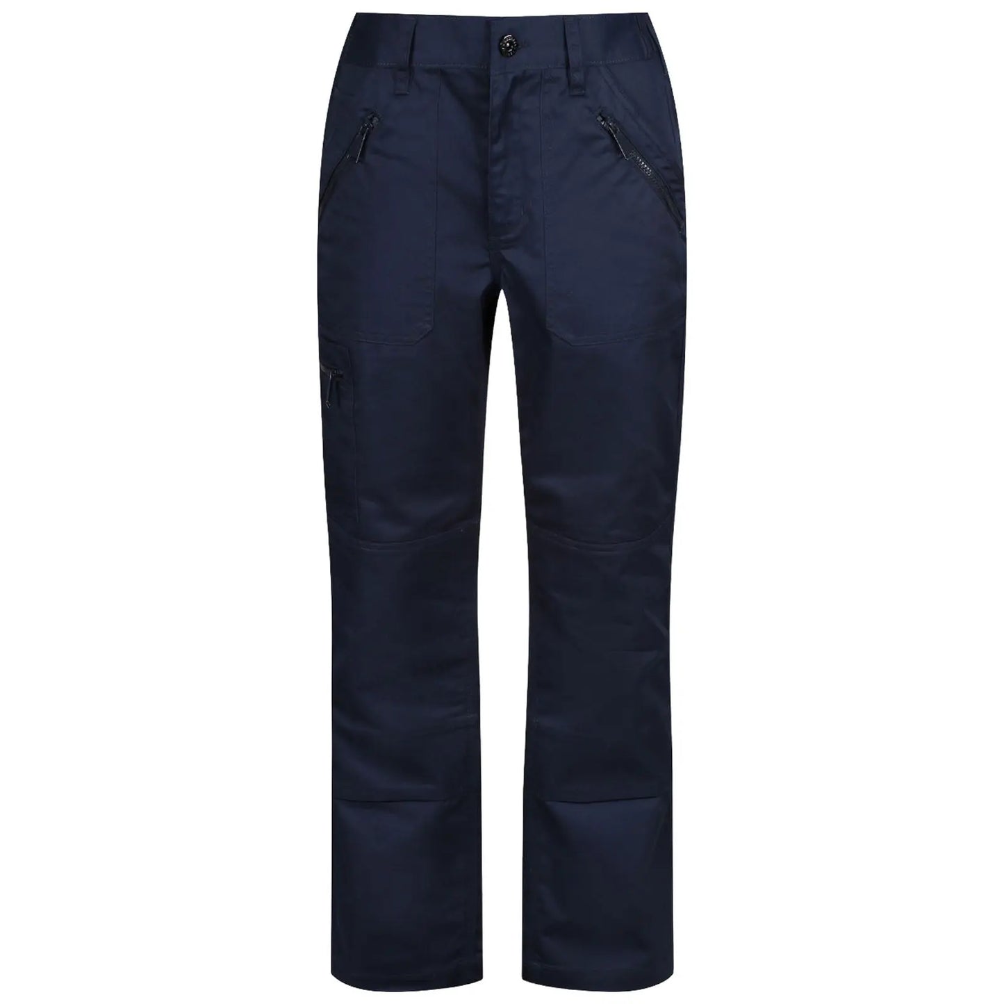 Navy blue pants feature multiple zippered pockets and reinforced knee areas designed for durability and functionality in outdoor or work environments.