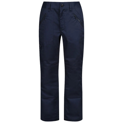 Navy blue pants feature multiple zippered pockets and reinforced knee areas designed for durability and functionality in outdoor or work environments.