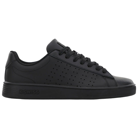A black sneaker features a smooth leather finish with perforated details on the sides and a flat rubber sole equipped with laces for securing the fit.