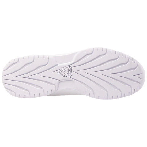 A white sneaker sole is displayed with a textured pattern and branding in the center the shoe appears clean and is shown against a plain background