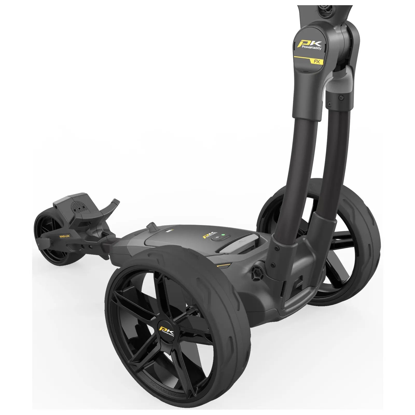 A golf push cart with sleek black wheels and a sturdy frame is positioned upright showcasing its features including handles and a control panel in a minimalistic white background.