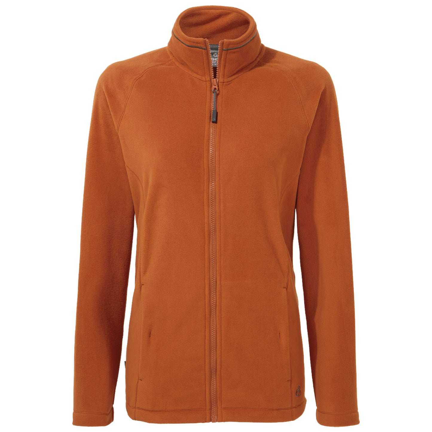 A long-sleeved orange fleece jacket is displayed with a full zipper and high collar it is designed for warmth and comfort in cool weather settings.