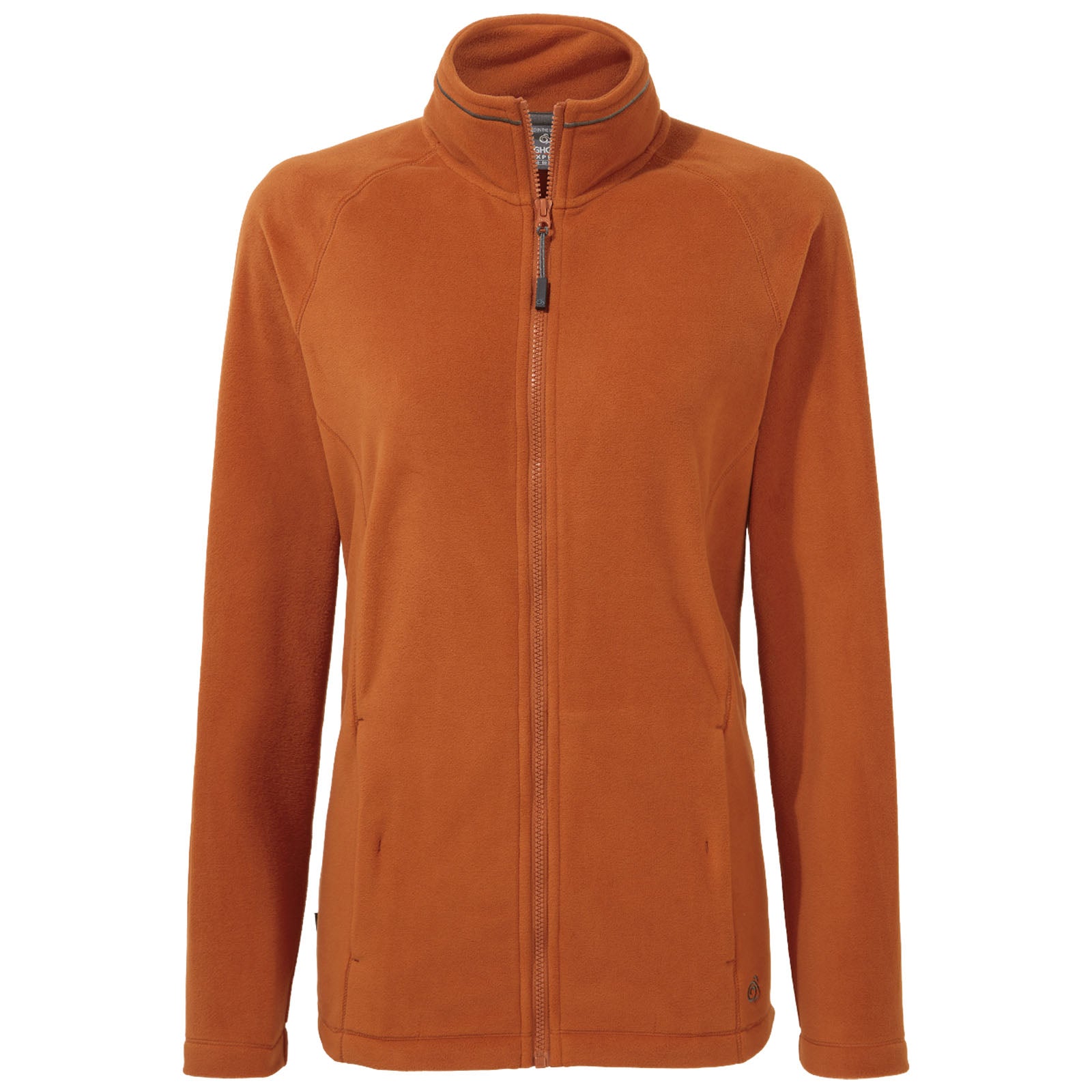 A long-sleeved orange fleece jacket is displayed with a full zipper and high collar it is designed for warmth and comfort in cool weather settings.