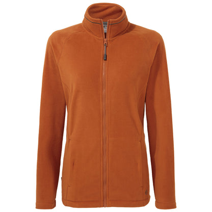 A long-sleeved orange fleece jacket is displayed with a full zipper and high collar it is designed for warmth and comfort in cool weather settings.