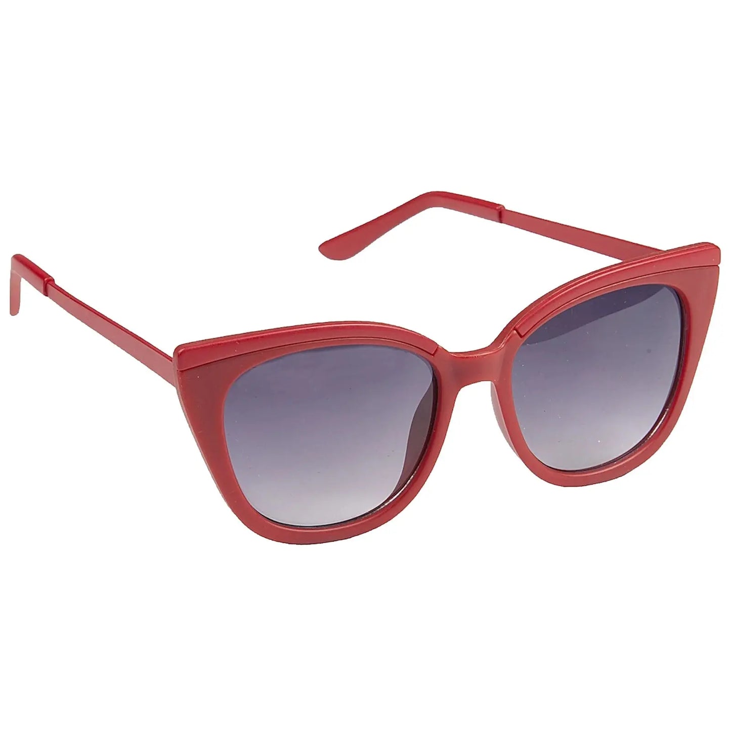 Red cat-eye sunglasses rest on a flat surface showcasing their stylish design with dark gradient lenses and slender arms set against a plain white background.