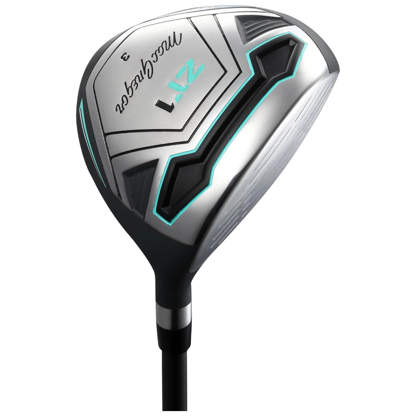 A golf club head is angled upward showcasing a shiny metallic surface with geometric designs and a black and turquoise color scheme set against a neutral background.