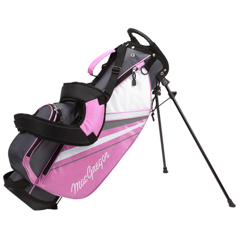 A pink and gray golf bag stands upright on its retractable legs with pockets for storage showcasing the brand name MacGregor in white lettering on the side.