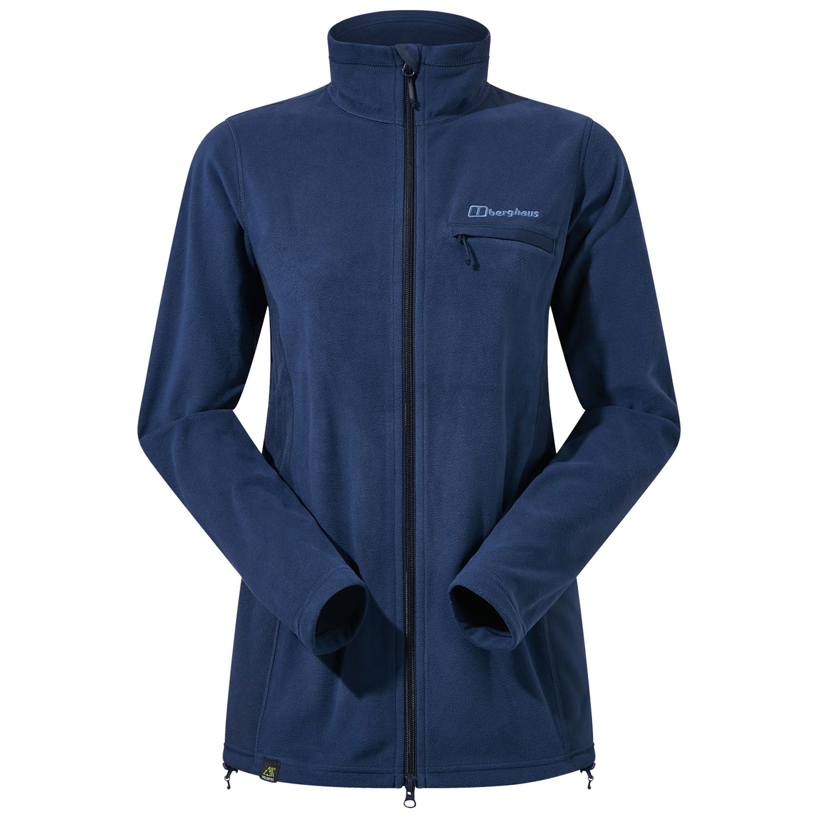 A navy fleece jacket is displayed with a full front zip and a high collar the sleeves are slightly tapered suggesting it is designed for warmth and comfort suitable for outdoor activities