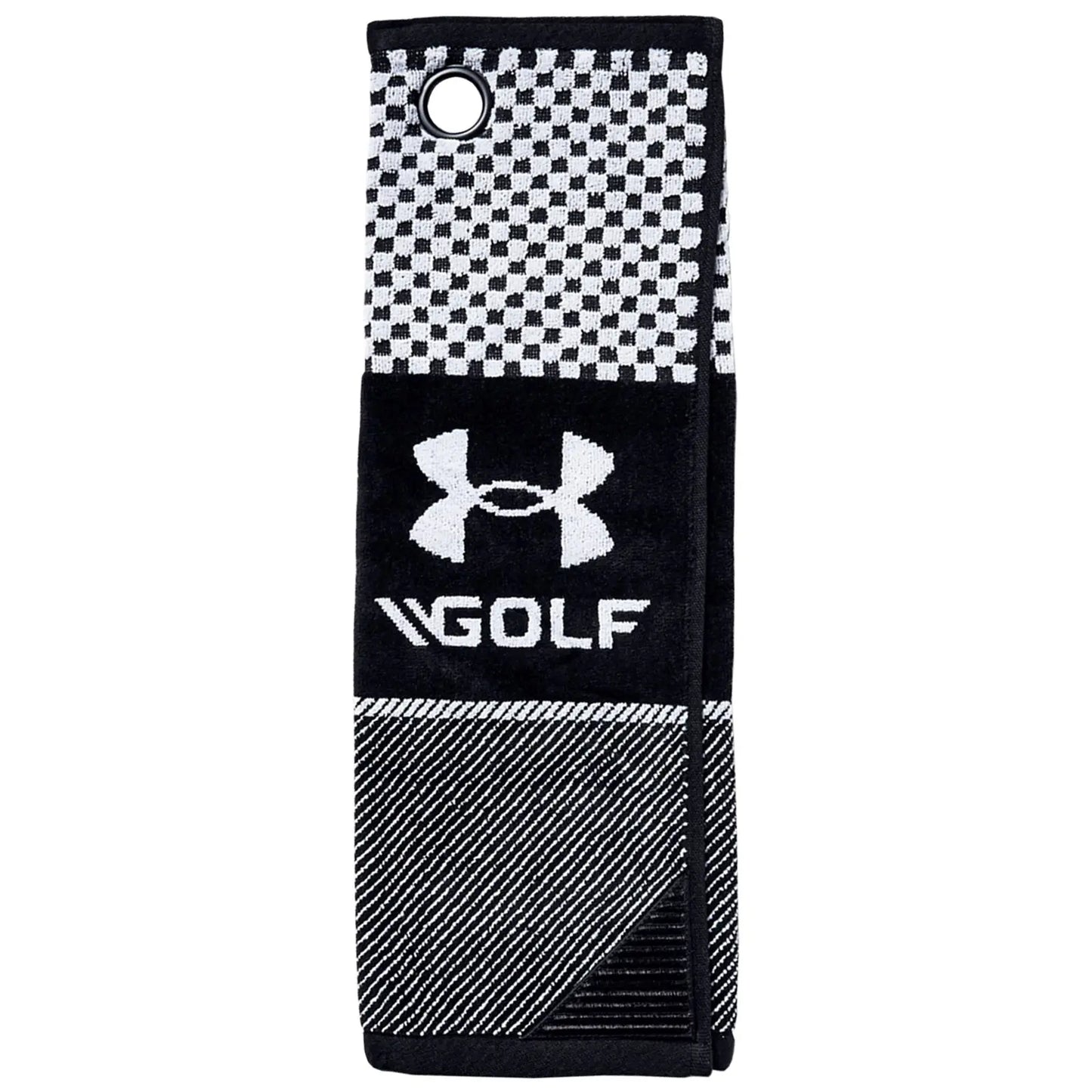 A black and white golf towel hangs vertically designed with a checkered pattern and Under Armour logo sporting the word GOLF providing a functional accessory for golfers in outdoor settings.