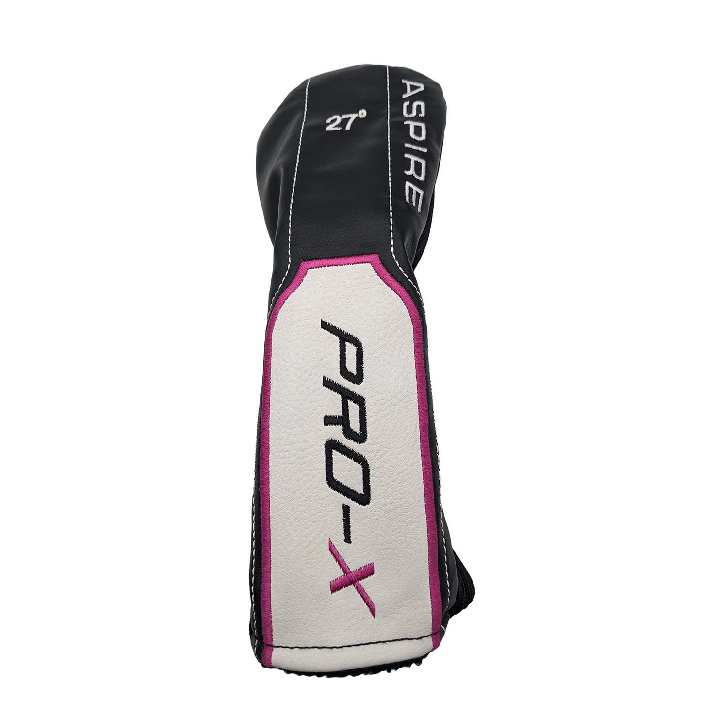 A golf club headcover stands upright displaying the brand Aspire and model Pro-X with a 27-degree angle indicated on the side emphasizing its protective design for the club.