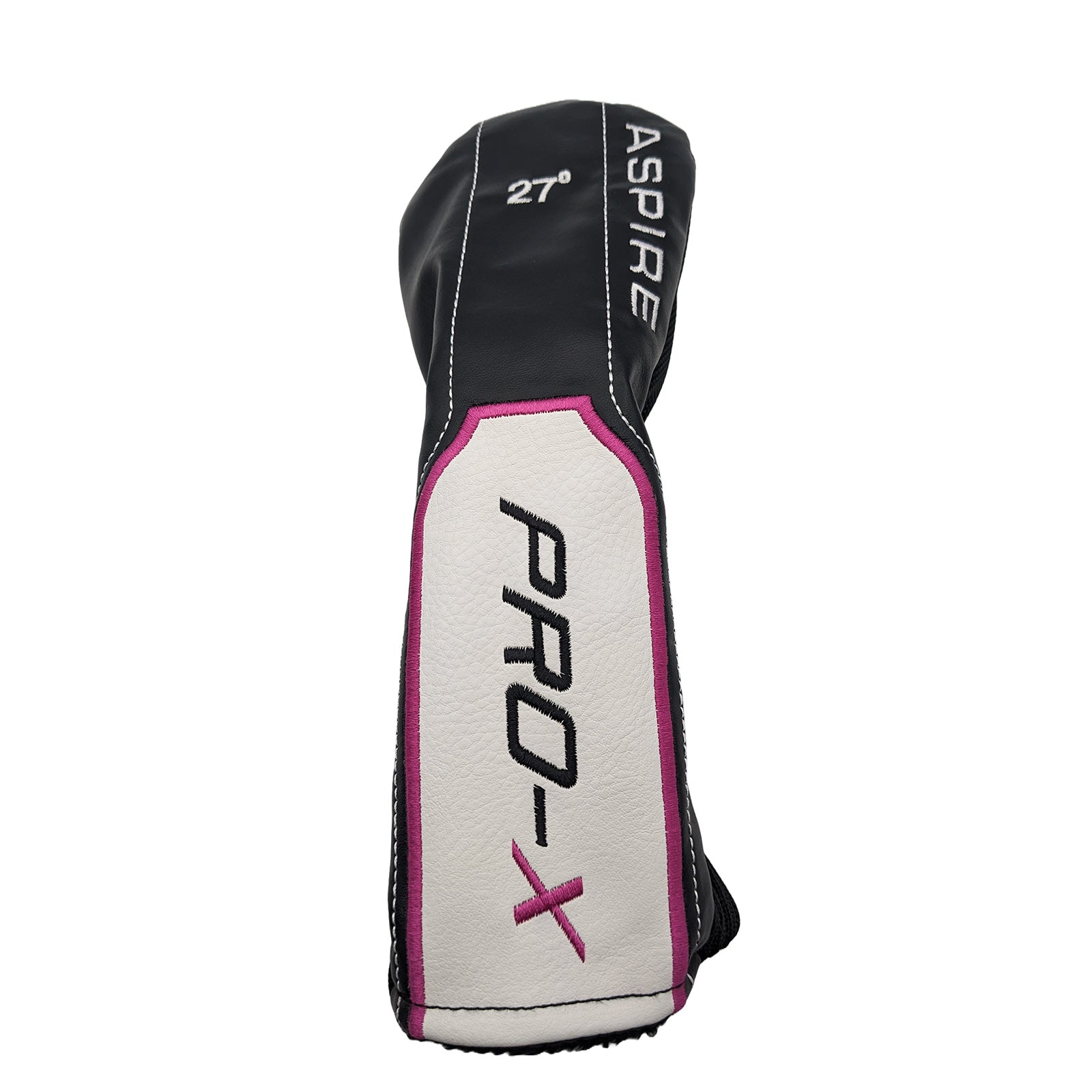 A golf club headcover stands upright displaying the brand Aspire and model Pro-X with a 27-degree angle indicated on the side emphasizing its protective design for the club.