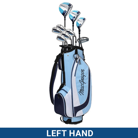 A golf bag stands upright with several clubs inserted into it showcasing a blue and white design labeled MacGregor and features a "LEFT HAND" tag at the bottom.
