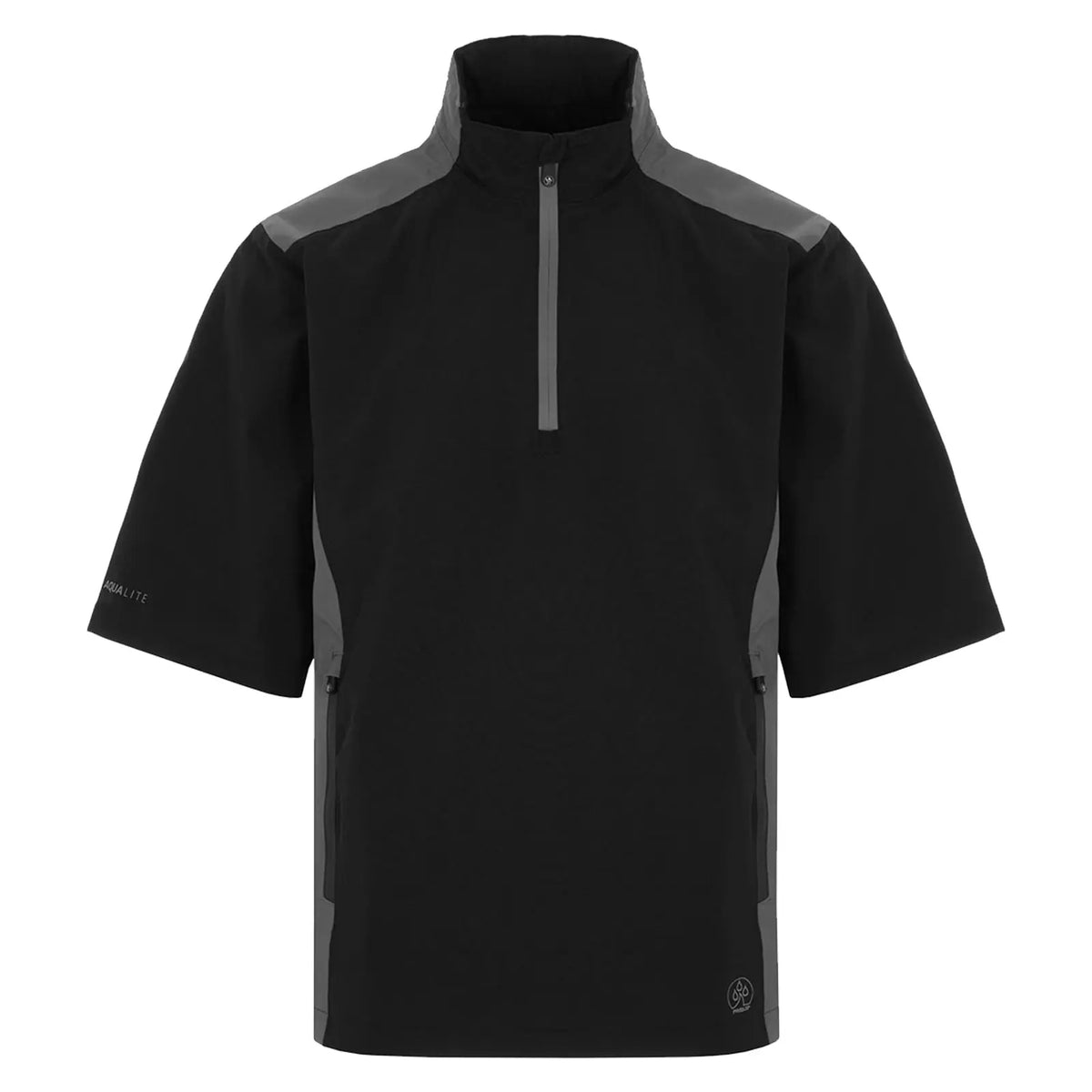 A short sleeve shirt featuring a black front and a blue side panel with a zippered pocket displays the text AQUA LITE on the sleeve.