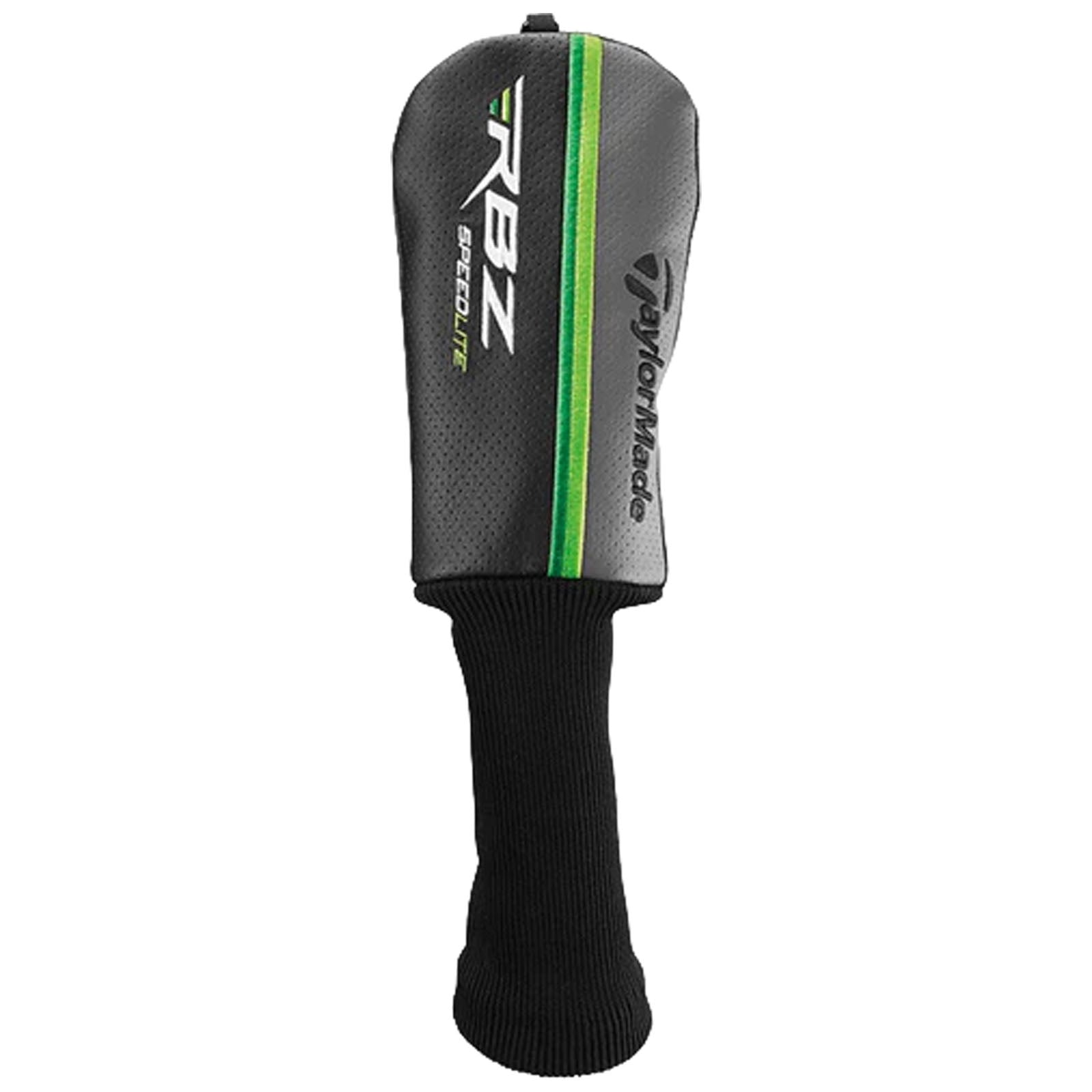 A golf club headcover is displayed with a black and green design featuring the words RBZ SpeedLite and TaylorMade on its surface while the knit neck provides a snug fit on the club shaft