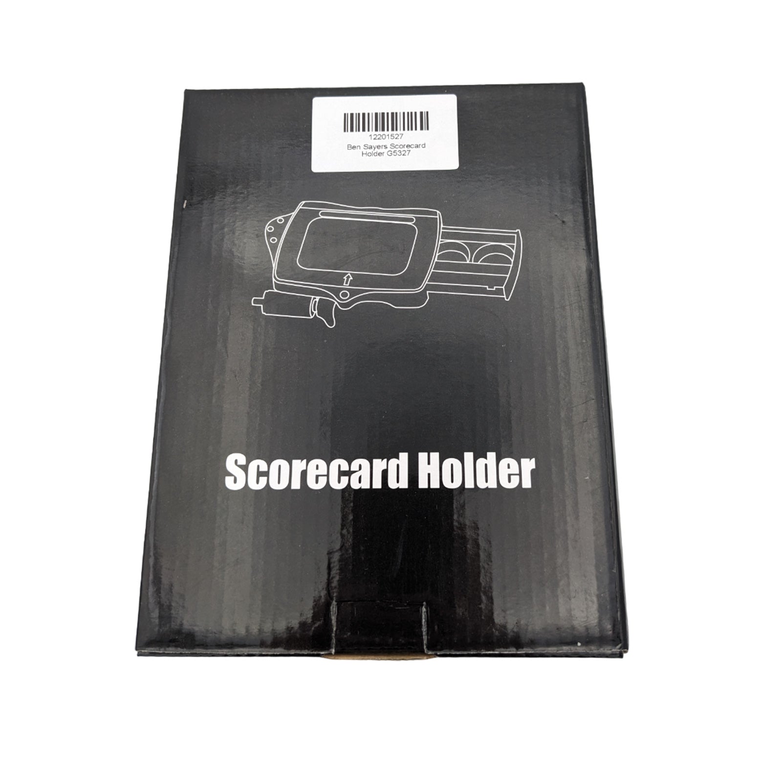 A black box featuring a scorecard holder is positioned upright showcasing a stylized graphic of the holder and a barcode sticker. The text "Scorecard Holder" is prominently displayed.