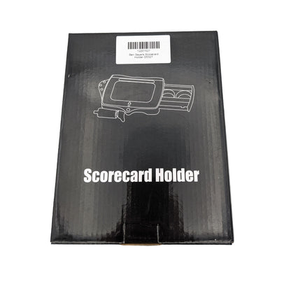 A black box featuring a scorecard holder is positioned upright showcasing a stylized graphic of the holder and a barcode sticker. The text "Scorecard Holder" is prominently displayed.
