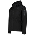 A black jacket is displayed with a zippered front and a hood. It features a zippered pocket on the left sleeve, suitable for outdoor activities or casual wear.