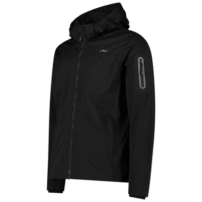 A black jacket is displayed with a zippered front and a hood. It features a zippered pocket on the left sleeve, suitable for outdoor activities or casual wear.