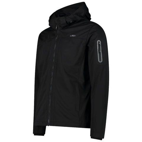 A black jacket is displayed with a zippered front and a hood. It features a zippered pocket on the left sleeve, suitable for outdoor activities or casual wear.
