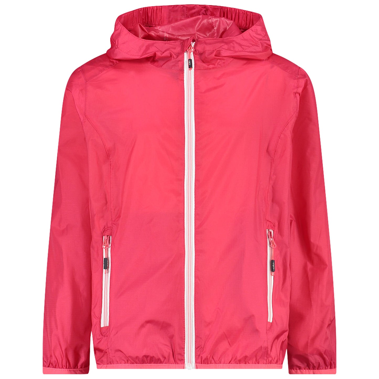 A pink jacket with a hood is displayed, featuring a front zipper and two side pockets. It is designed for casual wear in potentially cool or rainy weather.