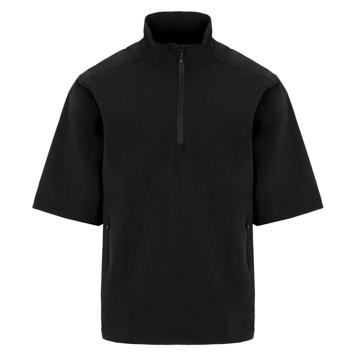 A short-sleeved black jacket features a high collar and a half-zip front. It includes side zip pockets, suitable for casual wear in urban settings or outdoor activities.