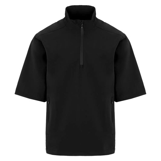 A short-sleeved black jacket features a high collar and a half-zip front. It includes side zip pockets, suitable for casual wear in urban settings or outdoor activities.