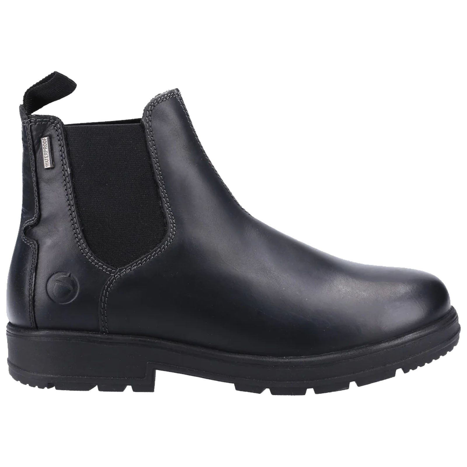 A black leather Chelsea boot stands upright showcasing its smooth surface elastic side panels and a rugged sole designed for comfort and stability in various environments.