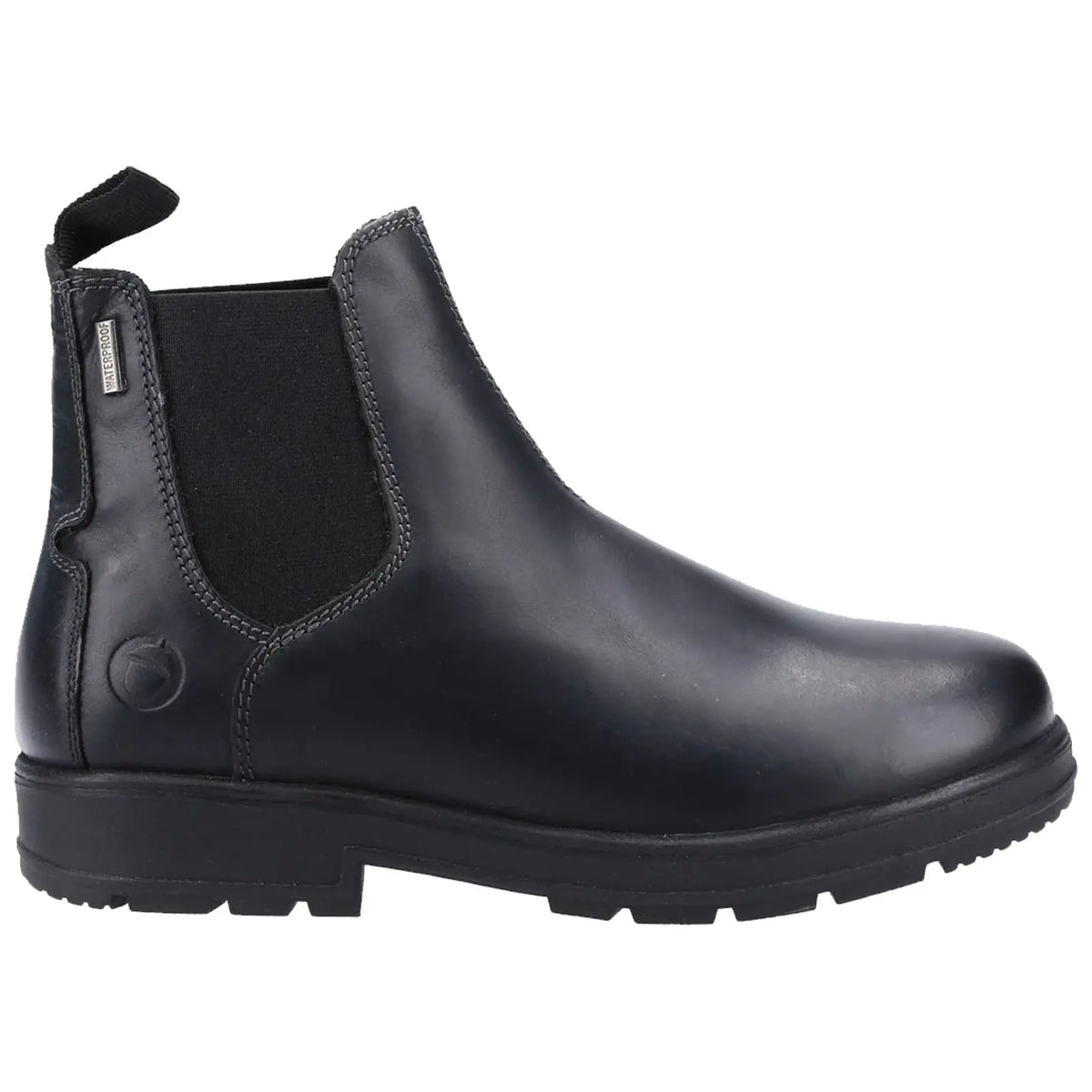 A black leather Chelsea boot stands upright showcasing its smooth surface elastic side panels and a rugged sole designed for comfort and stability in various environments.